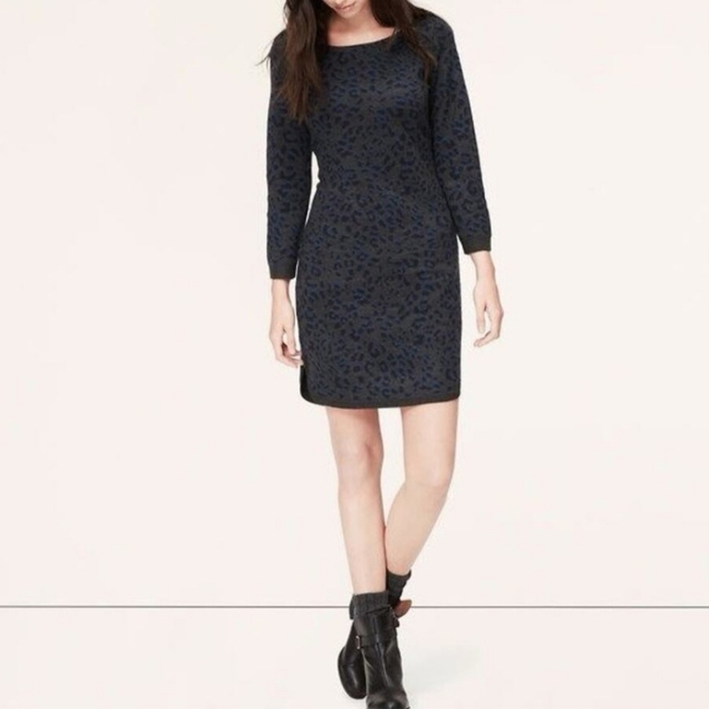 LOFT‎ Leopard Sweater Dress - Blue and Gray Sz Small Animal Cheetah Casual